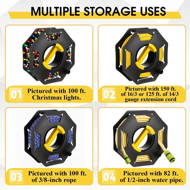 Alt view image 4 of 7 - 3 Pcs Extension Cord Storage Reels, Holds up to 150 Feet of 16/3 or 125 Feet of 14/3 Gauge Cord, Plastic Cable Winding Wheel Tangle-free with Central Handle for Extension Cords Rope Hose