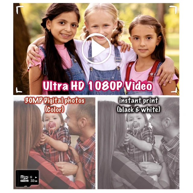 Alt view image 5 of 7 - Kids Instant Print Camera for Girls Boys Christmas Birthday Gift (Purple) Digital Camera with 1080p Videos, Print Paper and 32GB Card, Portable Travel Cameras Toy for 3, 4, 5-12 Year Old Girls Boy