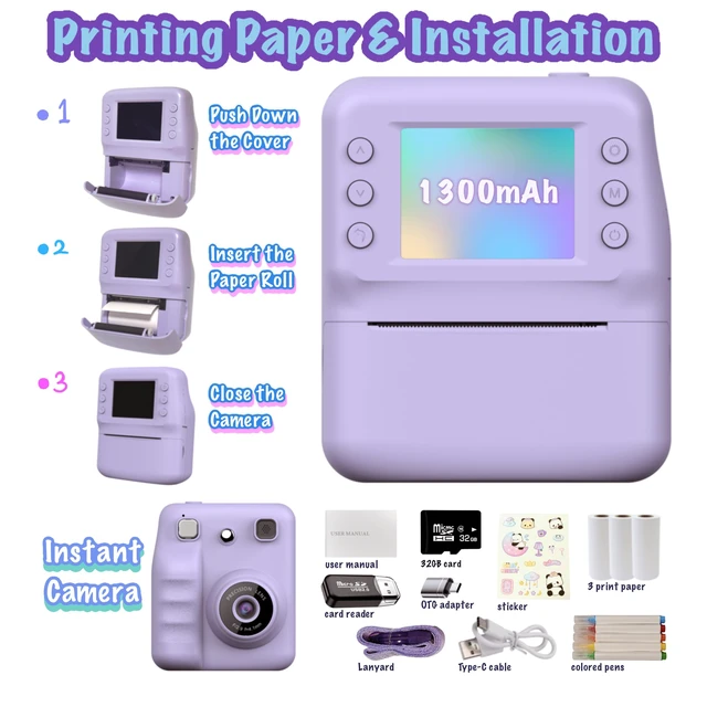 Alt view image 7 of 7 - Kids Instant Print Camera for Girls Boys Christmas Birthday Gift (Purple) Digital Camera with 1080p Videos, Print Paper and 32GB Card, Portable Travel Cameras Toy for 3, 4, 5-12 Year Old Girls Boy