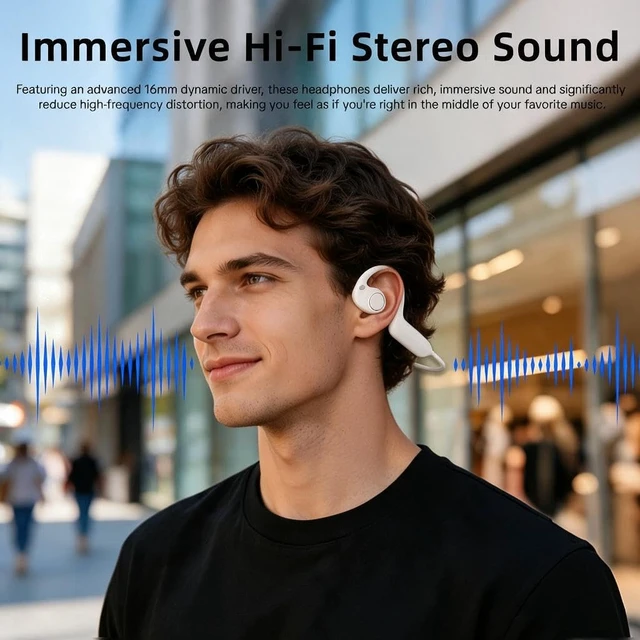 Alt view image 2 of 7 - E12 Open Ear Headphones with 8MP Camera, Bone Conduction Headphones, Bluetooth 6.0, Wireless Earbuds, Hi-Fi Stereo Running Earphones, IP65 Waterproof, AI Voice Assistant Headset for Sports White