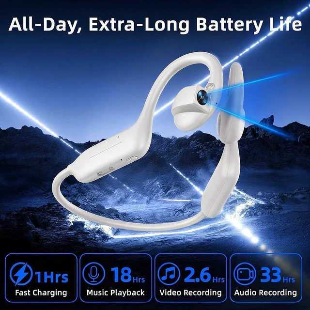 Alt view image 4 of 7 - E12 Open Ear Headphones with 8MP Camera, Bone Conduction Headphones, Bluetooth 6.0, Wireless Earbuds, Hi-Fi Stereo Running Earphones, IP65 Waterproof, AI Voice Assistant Headset for Sports White