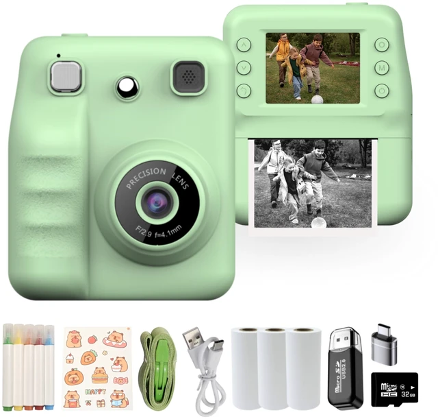 Main image of Kids Instant Print Camera for Girls Boys Christmas Birthday Gift (Green) Digital Camera with 1080p Videos, Print Paper and 32GB Card, Portable Travel Cameras Toy for 3, 4, 5-12 Year Old Girls Boy