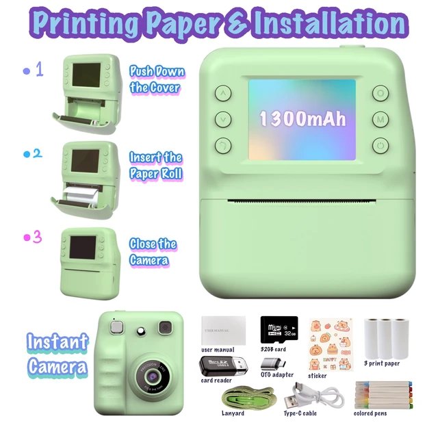 Alt view image 7 of 7 - Kids Instant Print Camera for Girls Boys Christmas Birthday Gift (Green) Digital Camera with 1080p Videos, Print Paper and 32GB Card, Portable Travel Cameras Toy for 3, 4, 5-12 Year Old Girls Boy