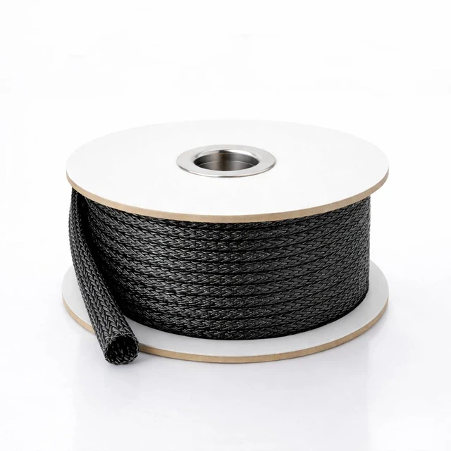 Main image of 100ft Expandable Non-Split PET Braided Cable Sleeve, High-Temperature Black Loom for Automotive Harness and Chew-Resistant Home Office Wire Management (1/2")