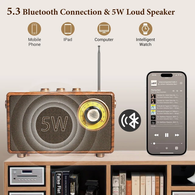 Alt view image 3 of 7 - Portable Retro Speaker Bluetooth Radio Vintage Decor with FM Radio Rich Bass Bluetooth Speakers 5.3 Wireless Connection,TF Card, AUX for Home Office Bedroom
