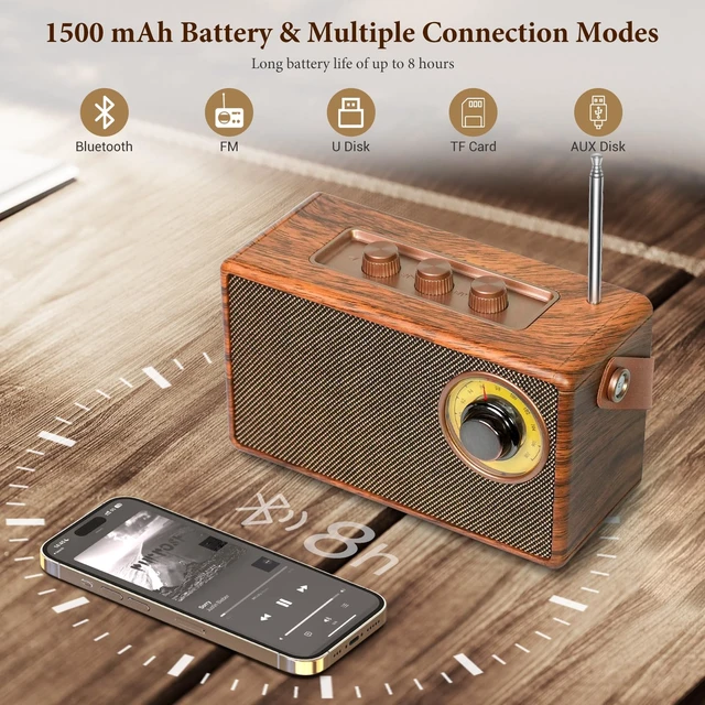 Alt view image 5 of 7 - Portable Retro Speaker Bluetooth Radio Vintage Decor with FM Radio Rich Bass Bluetooth Speakers 5.3 Wireless Connection,TF Card, AUX for Home Office Bedroom