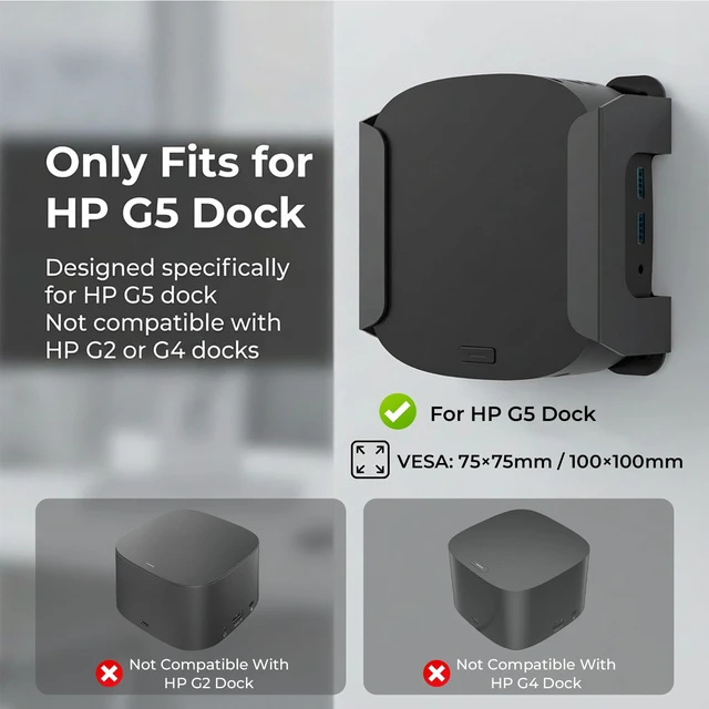 Alt view image 2 of 7 - Metal Mount for HP Docking Station VESA Wall and Under Desk Mount for HP USB-C Dock G5 Adapter Mounting Bracket for HP Laptop Dock G5 Holder with Cable Ties Black, Easy Access to All Ports