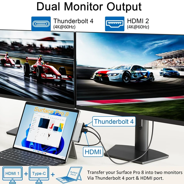 Alt view image 4 of 7 - Surface Pro 8 Docking Station USB C Hub with Thunderbolt 4 (40Gbps Data+8K Display+100W PD), 4K HDMI, USB 3.0/2.0, TF Card Slot, Triple Display USB-C Adapter for Surface Pro8 Home Office