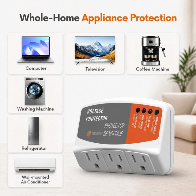 Alt view image 7 of 7 - 3 Outlet Appliance Surge Protector, Voltage Protector for Refrigerator, TV, PC & Washing Machine, Wall Plug Power Strip, Voltage Regulator, 120V 15A 1800W