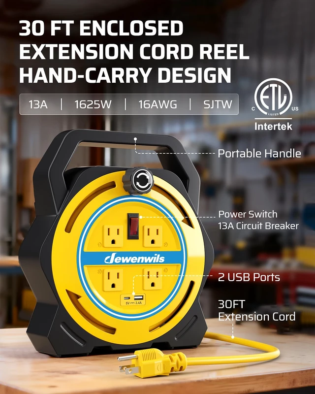 Alt view image 2 of 7 - 30FT Extension Cord Reel, Portable Extension Cord, 16/3 SJTW Cord 4 Grounded Outlets, USB-A & USB-C, 13A Circuit Breaker, Ideal for Garage, Workshop, Courtyard, Lawn, Camping, ETL Listed