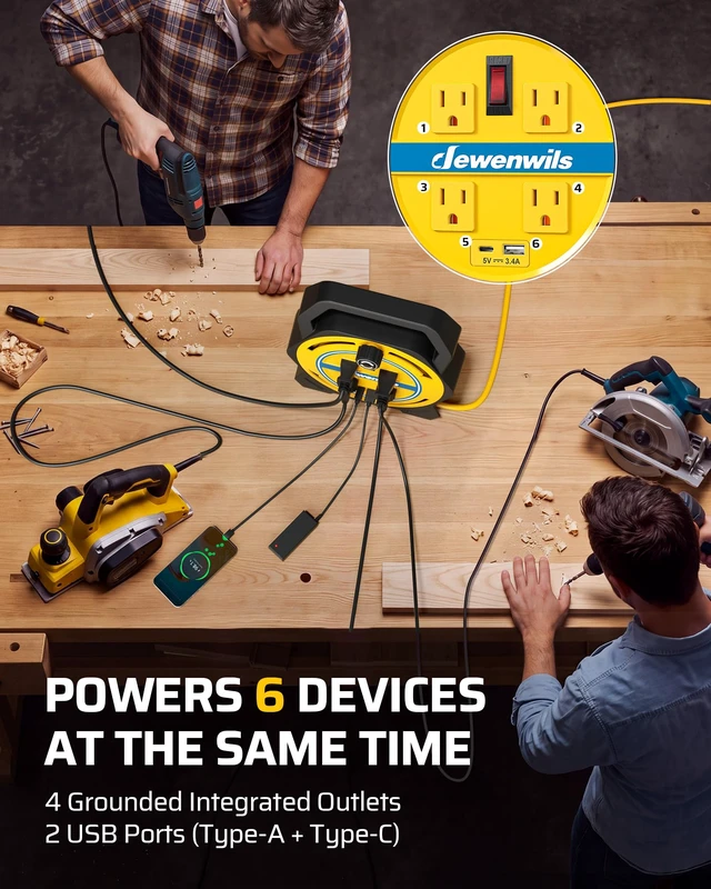 Alt view image 4 of 7 - 30FT Extension Cord Reel, Portable Extension Cord, 16/3 SJTW Cord 4 Grounded Outlets, USB-A & USB-C, 13A Circuit Breaker, Ideal for Garage, Workshop, Courtyard, Lawn, Camping, ETL Listed