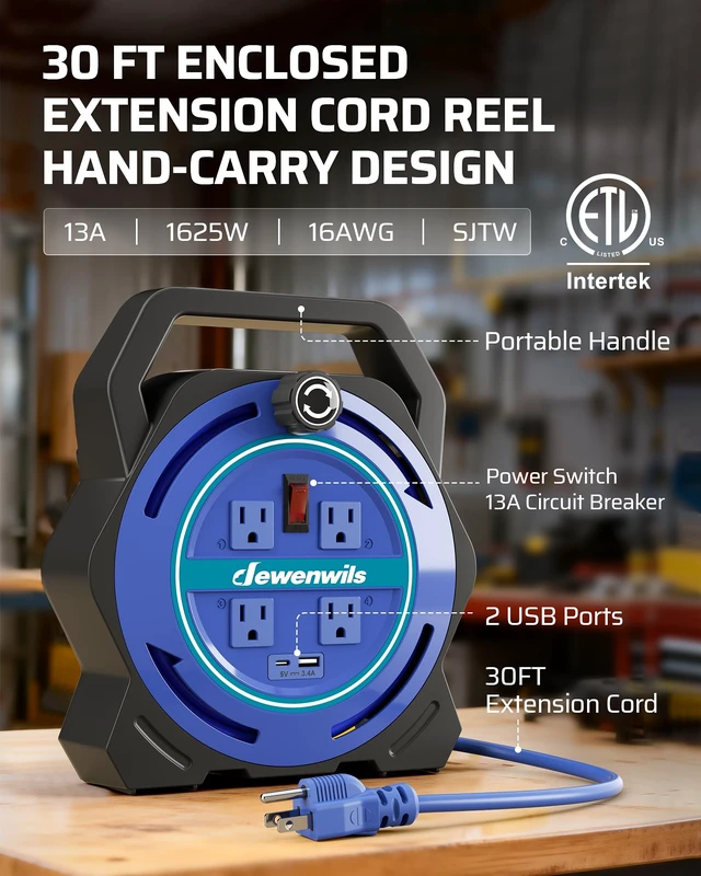 Alt view image 2 of 7 - 30FT Extension Cord Reel, Portable Extension Cord, 16/3 SJTW Cord 4 Grounded Outlets, USB-A & USB-C, 13A Circuit Breaker, Ideal for Garage, Workshop, Courtyard, Lawn, Camping, ETL Listed