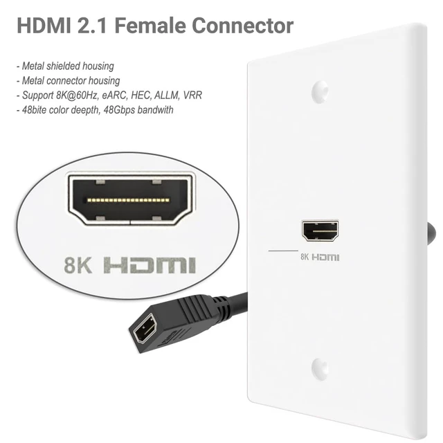 Alt view image 3 of 5 - 8K HDMI Wall Plate 1 Port 2 Pack, White HDMI Wall Plate with 8K HDMI Pigtail Cable to Support 8K 60Hz and 4K 120Hz Solution, Wall Plate Mount for Drywall