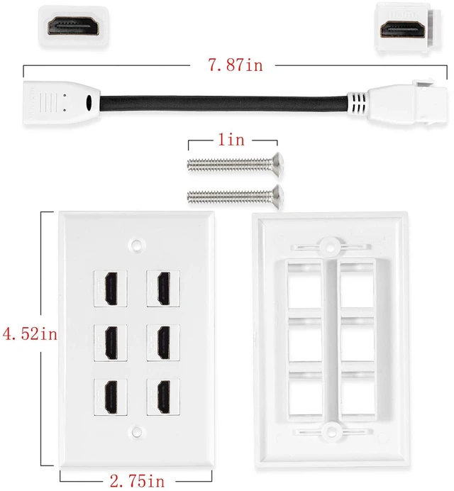Alt view image 2 of 7 - Single Port 4K HDMI Wall Plate Outlet Cover with 6 Inch Female to Female High Speed HDMI Pigtail Cable for Video Game Systems,TV Boxes(6-Port)