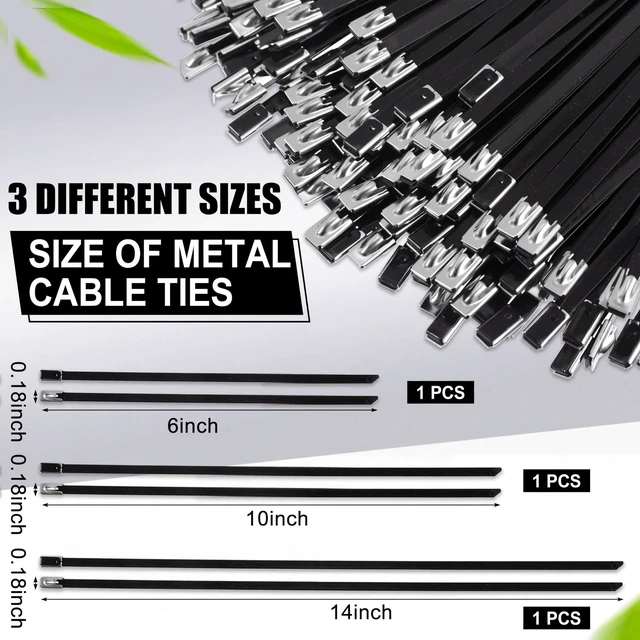 Alt view image 2 of 7 - 3 Pcs 6", 10", 14" Black 304 Stainless Steel Zip Ties Heavy Duty Self Locking Metal Cables, Epoxy Coated for Exhaust Wrap Outdoor Fence, Machinery Vehicles Farm Multi Purpose
