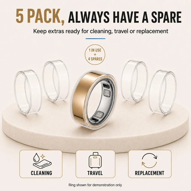 Alt view image 7 of 7 - 5 Pack Clear TPU Cover Compatible with Oura Ring 5, 0.5mm Ultra-Thin, Size6 Helps reduce minor daily scuffs while showing your ring's original finish. Inner sensors stay open; charge with the cover on