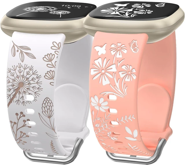 Main image of 2 Packs Floral Engraved Band Compatible with Fitbit Versa 4 Bands Versa 3 4 Bands/Sense 2/Sense Bands Women, Cute Two-Tone Flower Soft Silicone Sport Strap for Versa 3 4 Sense 2 Watch Band