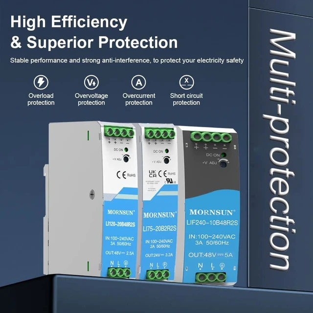 Alt view image 4 of 6 - AC/DC 75W 24V 3.2A Output DIN Rail Power Supply Built in Active PFC Universal 90 - 264V AC or 120- 370V DC Input Voltage,Output Voltage Adjustable-between 24-28V
