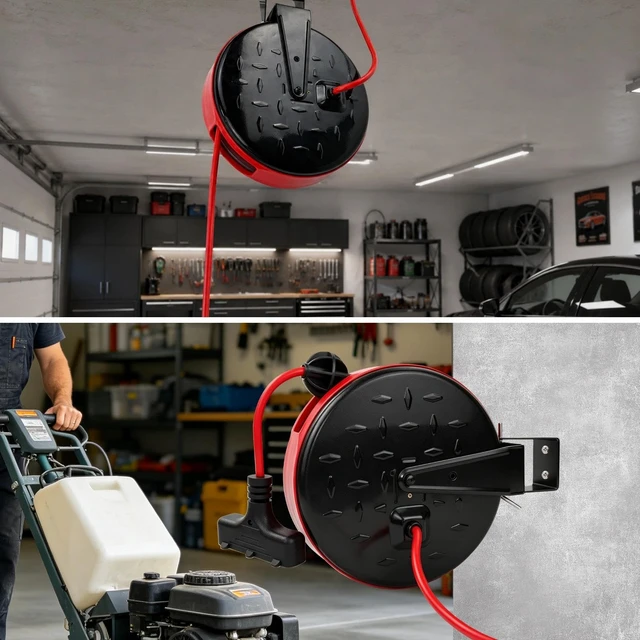 Alt view image 7 of 7 - 16/3 Gauge Retractable Extension Cord Reel 30 FT, 3 Outlets Retractable Power Cord, 10A Circuit Breaker, Wall or Ceiling Mountable for Garage, Workshop, UL Listed, Red