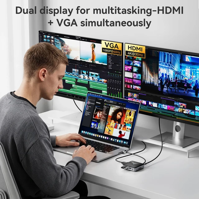 Alt view image 4 of 7 - 10-in-1 USB C Docking Station for MacBook/iPad/Dell/Lenovo/HP Laptop Docking Station with with HDMI, VGA, 1 Gbps Ethernet Port, PD 100W, SD/TF, 3.5mm Audio, 3*USB 3.0 for Dell XPS HP
