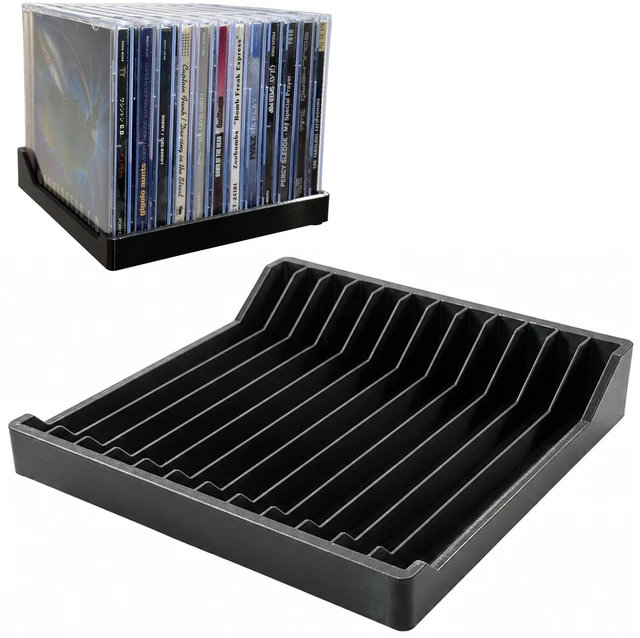 Main image of 2 Pack CD Holder, Matte Black Vinyl-Style CD Storage Organizer for 24 Discs, Media Rack with No-Tip Ends, CD Display Stand for Shelf, Desk, Tower, Home Office or Media Room