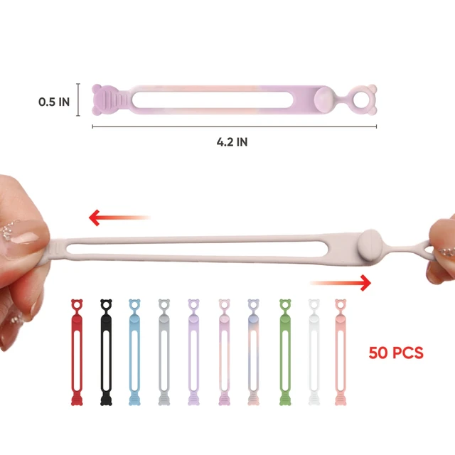 Alt view image 3 of 7 - 50-Pack Silicone Cable Ties Reusable, Data Cable Organizer, High Elastic, Multipurpose, Cable Management for Charging Cord, Electronics, Computer, Appliances, Travel Essentials