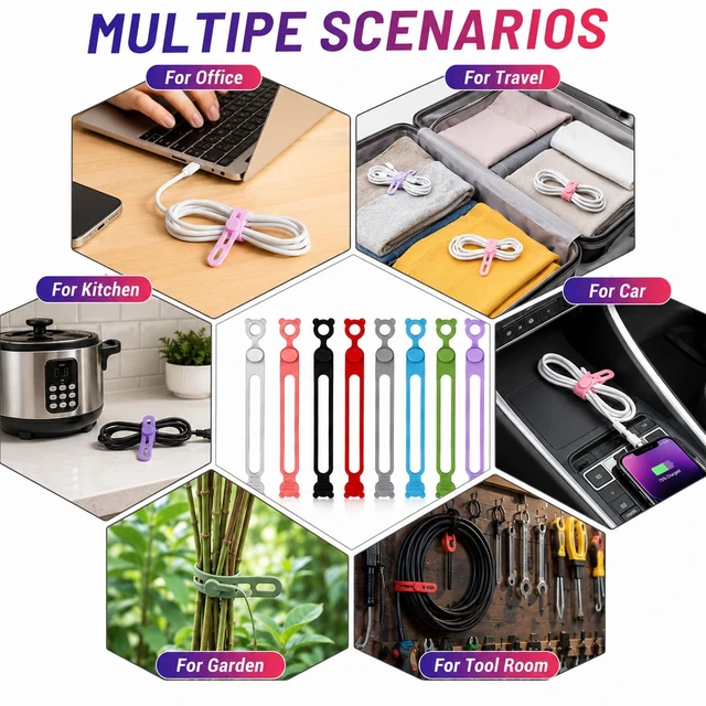Alt view image 5 of 7 - 50-Pack Silicone Cable Ties Reusable, Data Cable Organizer, High Elastic, Multipurpose, Cable Management for Charging Cord, Electronics, Computer, Appliances, Travel Essentials