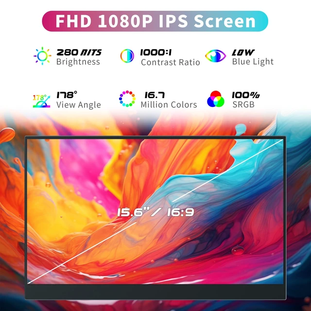 Alt view image 2 of 7 - Portable Monitor for Laptop, 15.6 Inch 1080P FHD Portable Monitor Second Screen Extender with USB C HDMI Cover Stand Speaker for Laptop Computer PC Mac Phone PS5/4 Xbox Switch Travel Gaming Work
