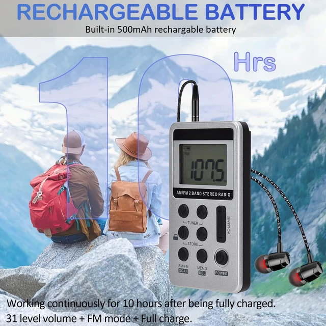 Alt view image 4 of 7 - Personal Portable AM FM Radio, Mini Radio with Excellent Reception Rechargeable, Digital Tuning LCD Display, Stereo Headphones, Back Clip, Pocket Radio for Walking, Jogging
