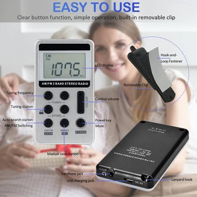 Alt view image 6 of 7 - Personal Portable AM FM Radio, Mini Radio with Excellent Reception Rechargeable, Digital Tuning LCD Display, Stereo Headphones, Back Clip, Pocket Radio for Walking, Jogging