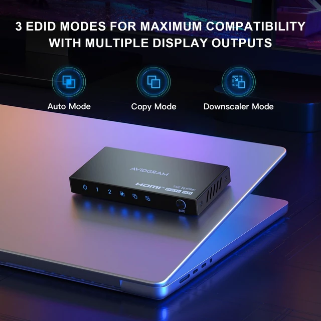 Alt view image 3 of 7 - HDMI Splitter 1 in 2 Out 8K 60Hz 4:4:4, 2 Port Splitter with Auto, Copy, Downscaler EDID Mode, 4K 120Hz HDMI Duplicator, Compatible with Xbox Series X, PS4 Pro, PS5, Blu-ray Player