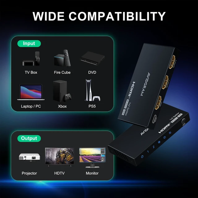 Alt view image 6 of 7 - HDMI Splitter 1 in 2 Out 8K 60Hz 4:4:4, 2 Port Splitter with Auto, Copy, Downscaler EDID Mode, 4K 120Hz HDMI Duplicator, Compatible with Xbox Series X, PS4 Pro, PS5, Blu-ray Player