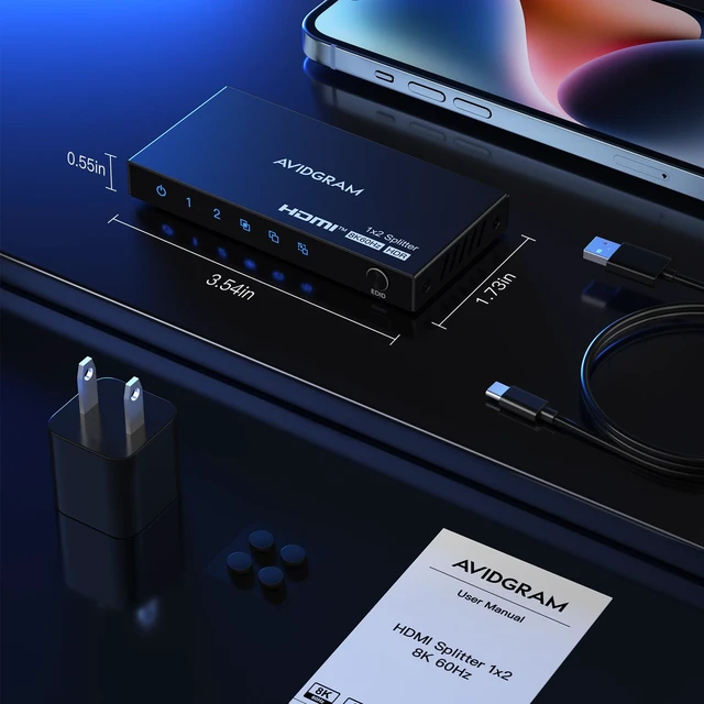 Alt view image 7 of 7 - HDMI Splitter 1 in 2 Out 8K 60Hz 4:4:4, 2 Port Splitter with Auto, Copy, Downscaler EDID Mode, 4K 120Hz HDMI Duplicator, Compatible with Xbox Series X, PS4 Pro, PS5, Blu-ray Player