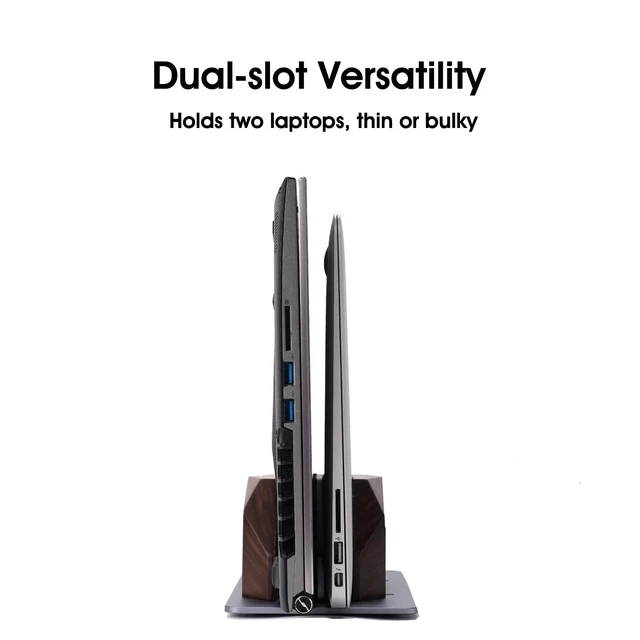 Alt view image 7 of 7 - Walnut Vertical Laptop Stand, Dual Slot Wood Laptop Holder for Desk Wooden Width Adjustable for MacBook Pro/Air & Universal Laptops, American Black Walnut & Aluminum, Heavy Duty, Handcrafted
