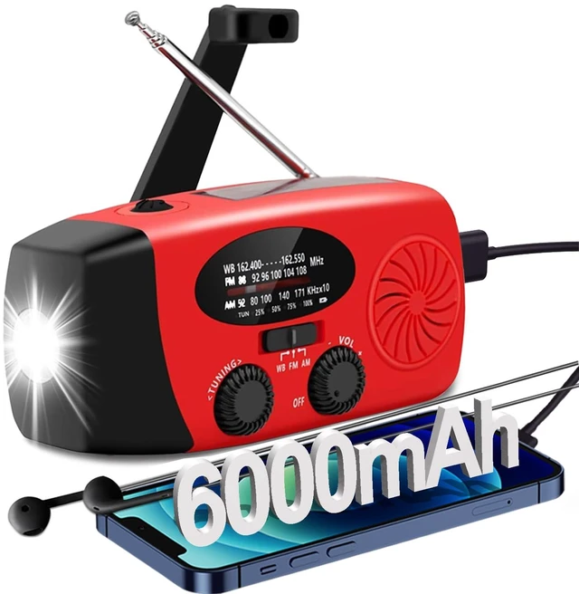 Main image of 6000mAh Emergency Weather Radio, AM/FM,Hand Crank Solar,Charger,Light,SOS 22200mWh 1W 4-mode flashlight & earphone jack. Essential survival gear for camping & power outages