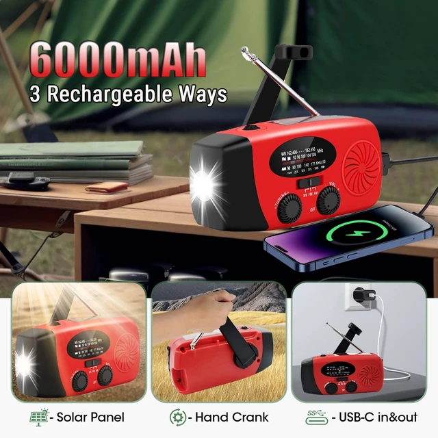 Alt view image 3 of 7 - 6000mAh Emergency Weather Radio, AM/FM,Hand Crank Solar,Charger,Light,SOS 22200mWh 1W 4-mode flashlight & earphone jack. Essential survival gear for camping & power outages