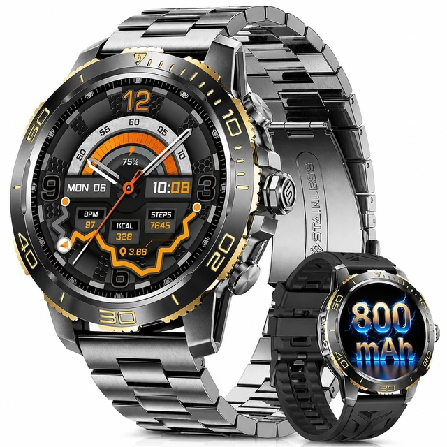 Main image of Military Smart Watch for Men, 1.43'' AMOLED Rugged Smart Watch with 600mAh Battery/Heart Rate/Blood Pressure/Sleep Monitor,IP68 Waterproof Fitness Tracker Black Gold Watch for Android iPhone