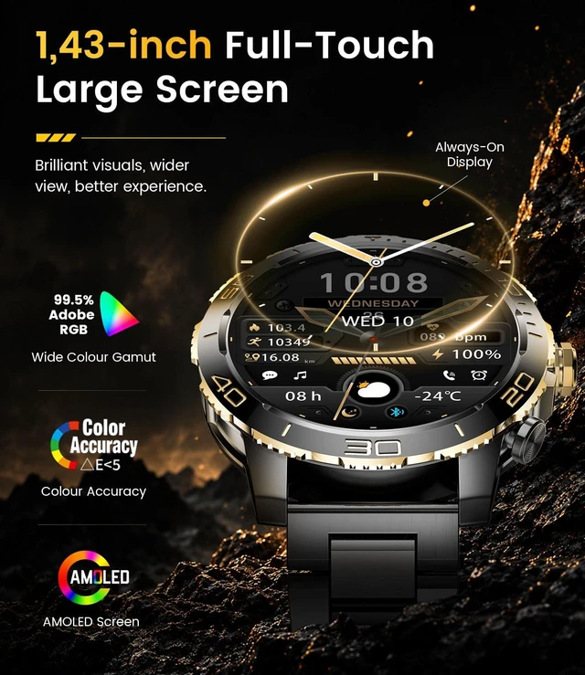 Alt view image 3 of 7 - Military Smart Watch for Men, 1.43'' AMOLED Rugged Smart Watch with 600mAh Battery/Heart Rate/Blood Pressure/Sleep Monitor,IP68 Waterproof Fitness Tracker Black Gold Watch for Android iPhone