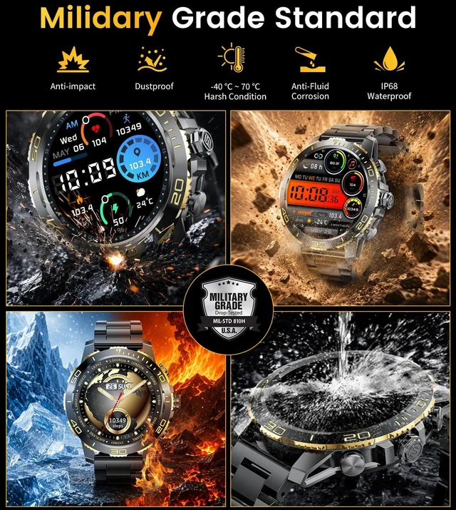 Alt view image 5 of 7 - Military Smart Watch for Men, 1.43'' AMOLED Rugged Smart Watch with 600mAh Battery/Heart Rate/Blood Pressure/Sleep Monitor,IP68 Waterproof Fitness Tracker Black Gold Watch for Android iPhone