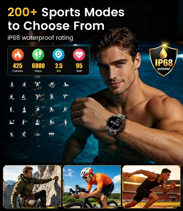 Alt view image 6 of 7 - Military Smart Watch for Men, 1.43'' AMOLED Rugged Smart Watch with 600mAh Battery/Heart Rate/Blood Pressure/Sleep Monitor,IP68 Waterproof Fitness Tracker Black Gold Watch for Android iPhone