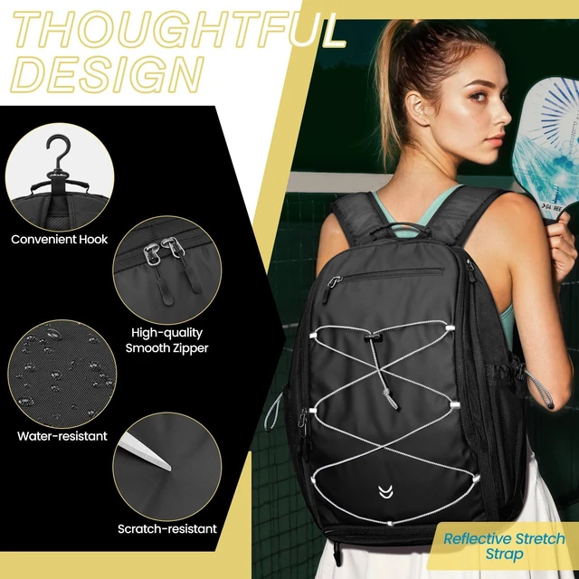 Alt view image 7 of 7 - Pickleball Bag Pickleball Backpack for Women & Men School Backpack for Teens Bookbag for College Student with Fence Hook Laptop Compartment(Black)