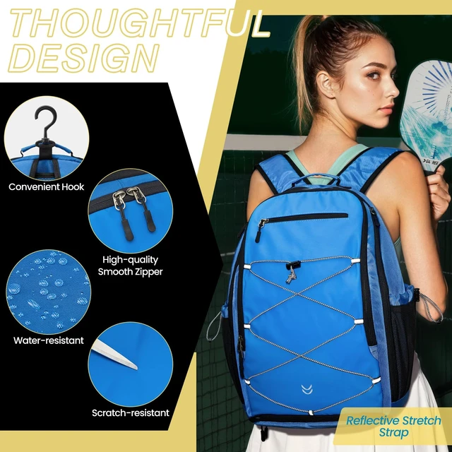 Alt view image 7 of 7 - Pickleball Bag Pickleball Backpack for Women & Men School Backpack for Teens Bookbag for College Student with Fence Hook Laptop Compartment(Blue)