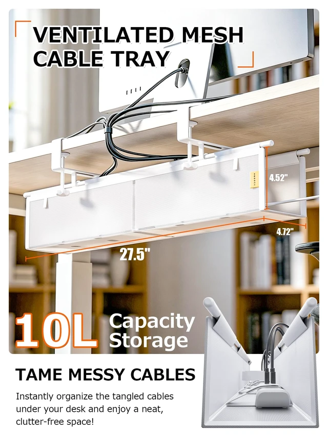 Alt view image 2 of 7 - Under Desk Cable Management Tray, Mesh Fabric - Excellent Heat Dissipation Fire-Resistant Thickened Nylon MaterialClamp Mount Cable Organizer to Hide Power StripLarge Capacity Office Cord Organizer