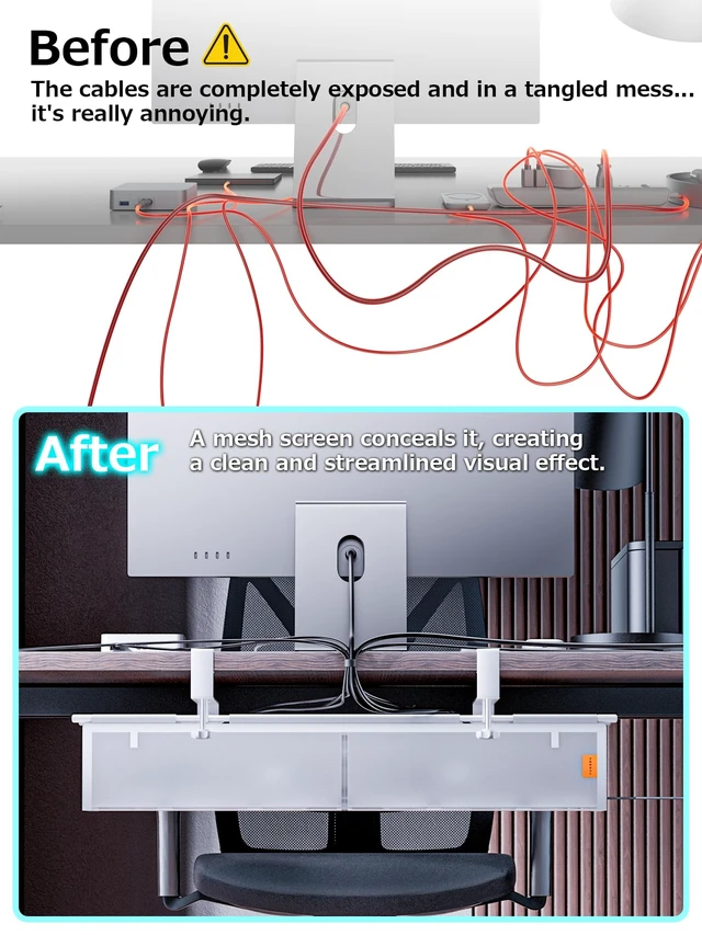 Alt view image 3 of 7 - Under Desk Cable Management Tray, Mesh Fabric - Excellent Heat Dissipation Fire-Resistant Thickened Nylon MaterialClamp Mount Cable Organizer to Hide Power StripLarge Capacity Office Cord Organizer