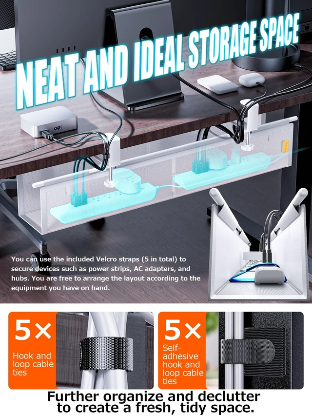 Alt view image 5 of 7 - Under Desk Cable Management Tray, Mesh Fabric - Excellent Heat Dissipation Fire-Resistant Thickened Nylon MaterialClamp Mount Cable Organizer to Hide Power StripLarge Capacity Office Cord Organizer