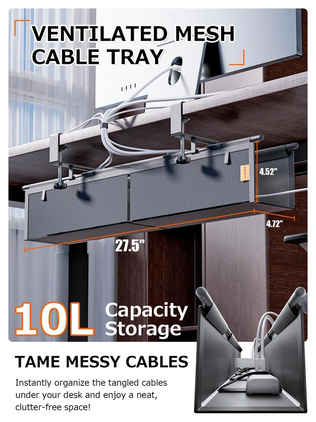 Alt view image 2 of 7 - Under Desk Cable Management Tray, Mesh Fabric - Excellent Heat Dissipation Fire-Resistant Thickened Nylon MaterialClamp Mount Cable Organizer to Hide Power StripLarge Capacity Office Cord Organizer
