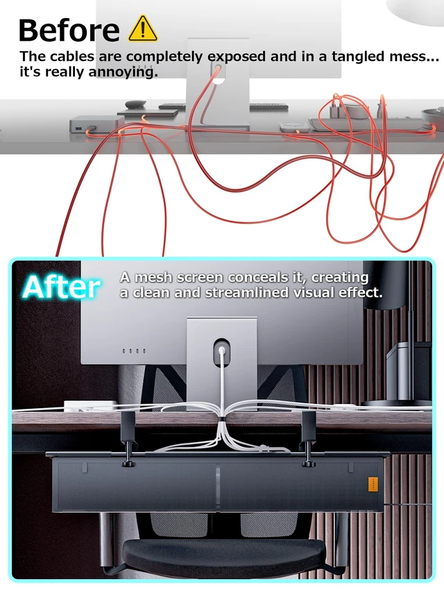 Alt view image 3 of 7 - Under Desk Cable Management Tray, Mesh Fabric - Excellent Heat Dissipation Fire-Resistant Thickened Nylon MaterialClamp Mount Cable Organizer to Hide Power StripLarge Capacity Office Cord Organizer