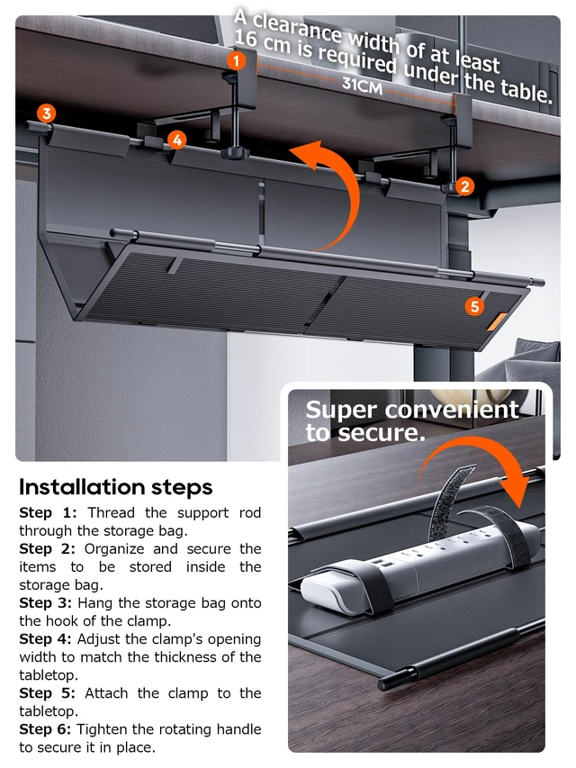 Alt view image 6 of 7 - Under Desk Cable Management Tray, Mesh Fabric - Excellent Heat Dissipation Fire-Resistant Thickened Nylon MaterialClamp Mount Cable Organizer to Hide Power StripLarge Capacity Office Cord Organizer