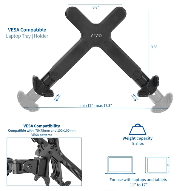 Alt view image 2 of 7 - Black Laptop Holder for 11-17 in Devices, Stand-LAP4 Adjustable Notebook Adapter, Holder Only, For use with 75x75 and 100x100 VESA Monitor Arms