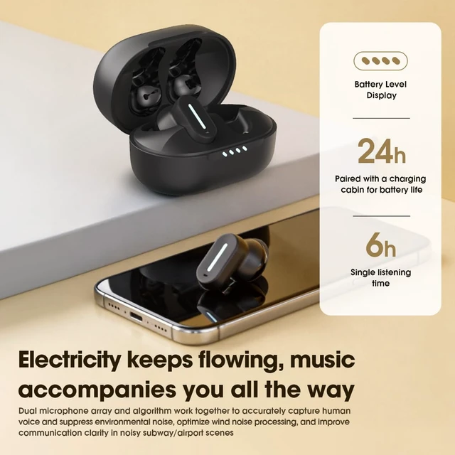 Alt view image 7 of 7 - Earbuds Wireless Bluetooth 6.0 Headphones, IPX5 Waterproof 24H Playback, Small Noise Cancelling Earbuds with Lanyard for Sports, Workout, Smartphone Call (Black)